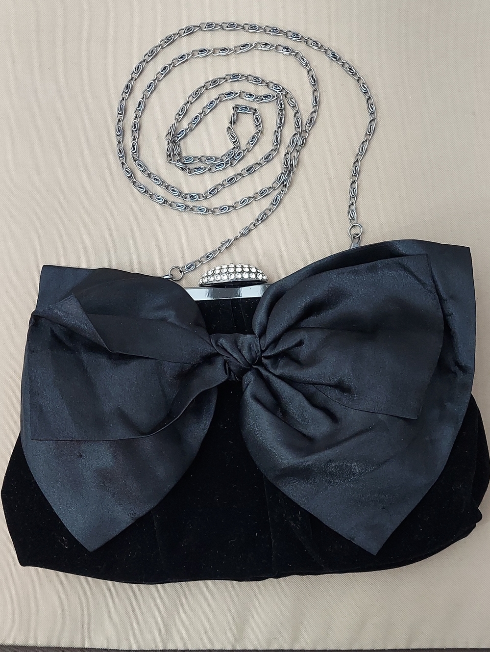 Neiman Marcus Evening Bag, Black Velvet, Silk Bow, Chain, Rhinestone Clasp